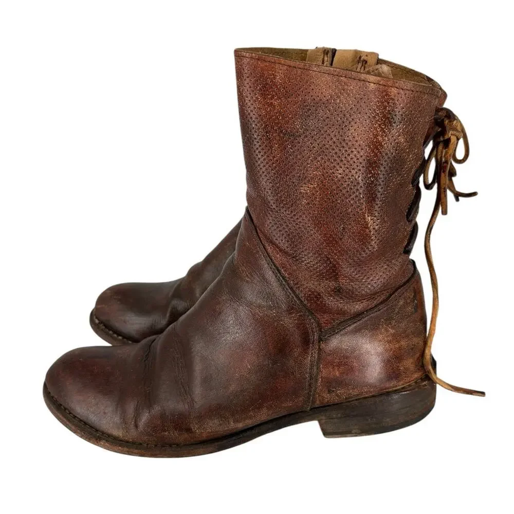 Bed Stu Cheshire Womens Boots Perforated Tie Back Size 9 Benchmade Cognac - Picture 2 of 13
